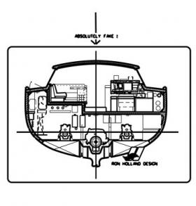 This drawing shows a section through the upper saloon and engine room. This arrangement proves successful and several Ron Holland designs have been built using this arrangement
